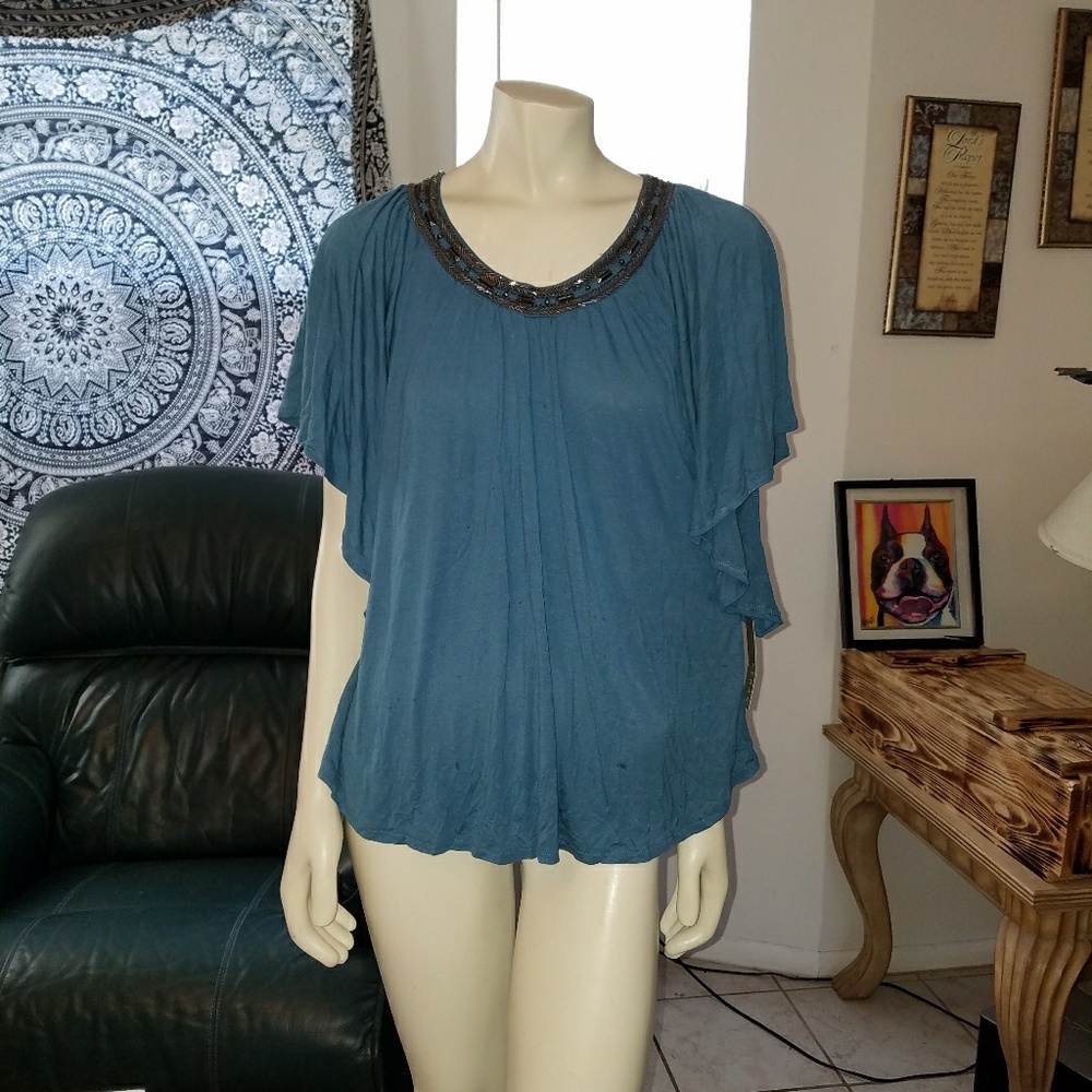Kenar Teal Embellished Neck Tunic M